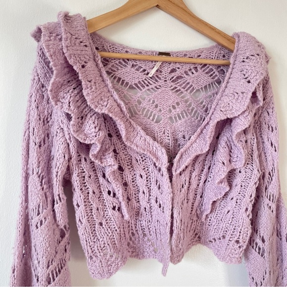Free People Lavender Avery Crochet Cardi Cardigan Cropped Ruffled S - Picture 2 of 8